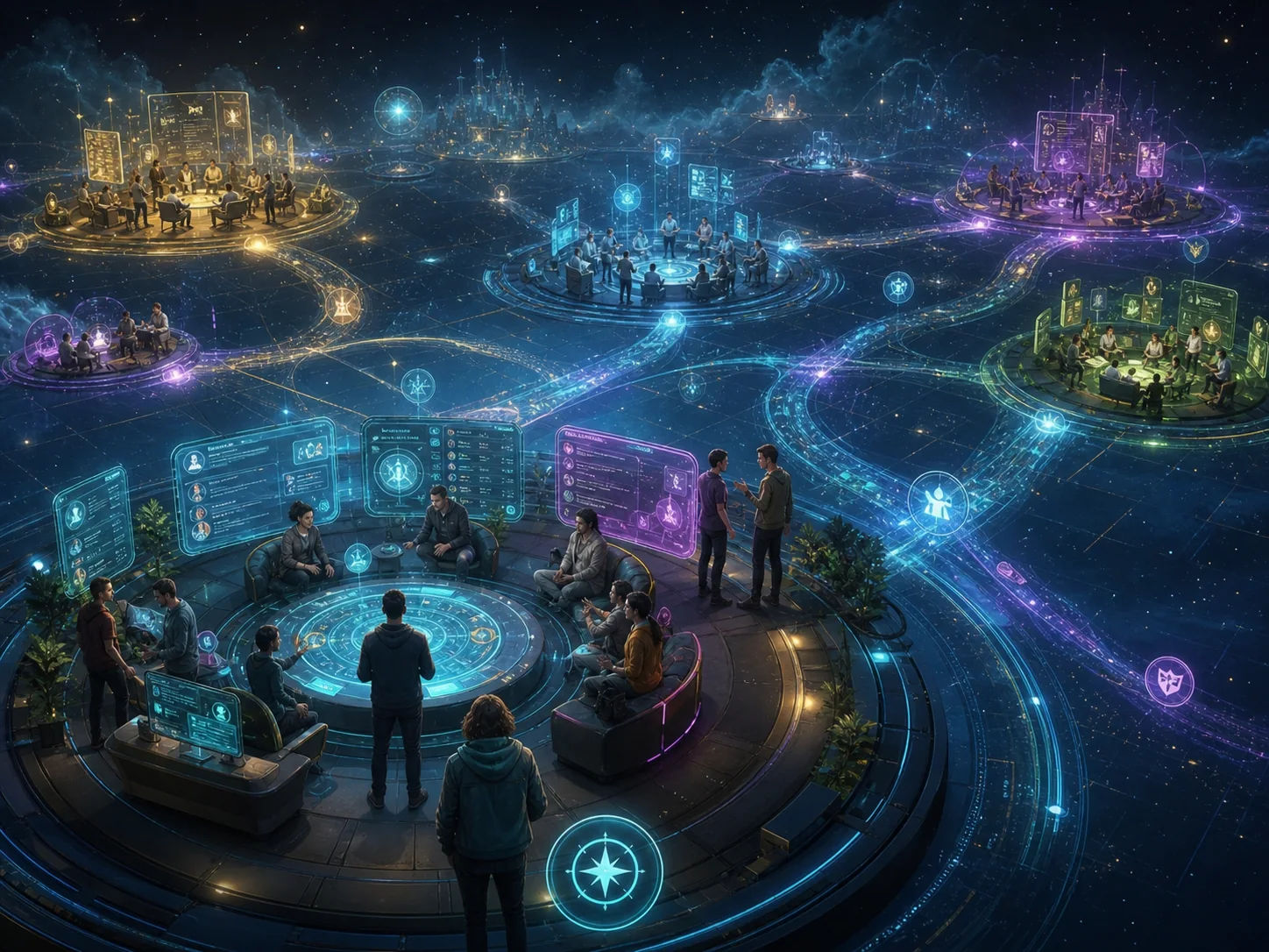 Editorial illustration of the gaming community as a structured digital place