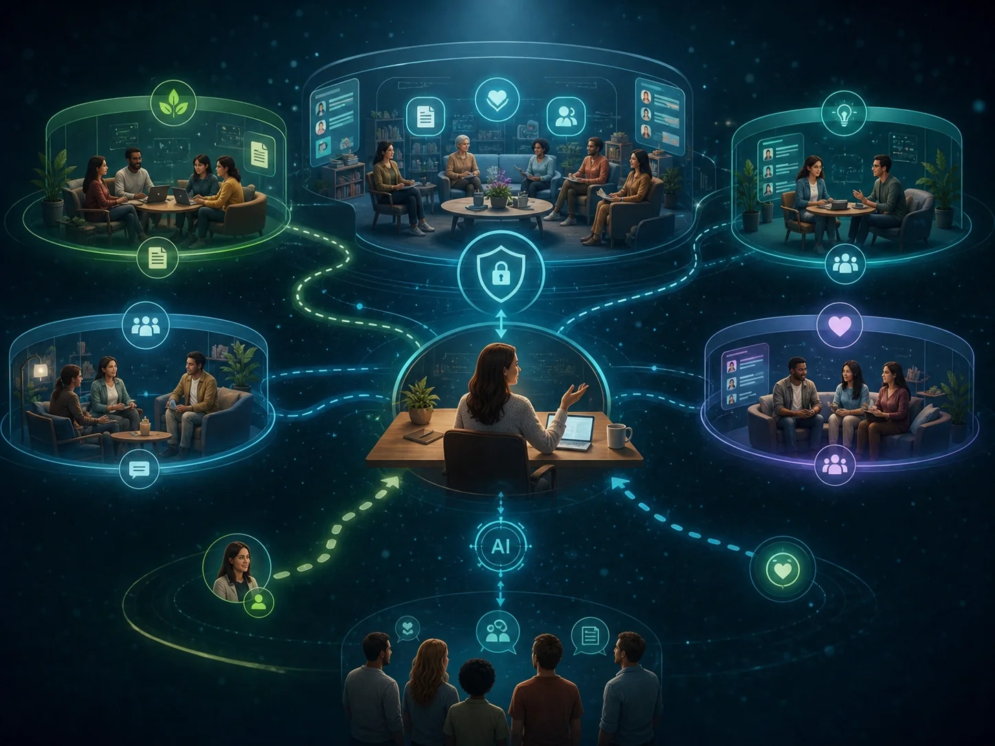 Editorial illustration of the health community as a structured digital place