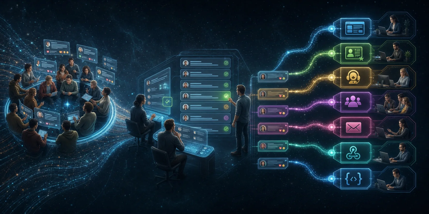 Editorial illustration of a community feed moving through connected business systems