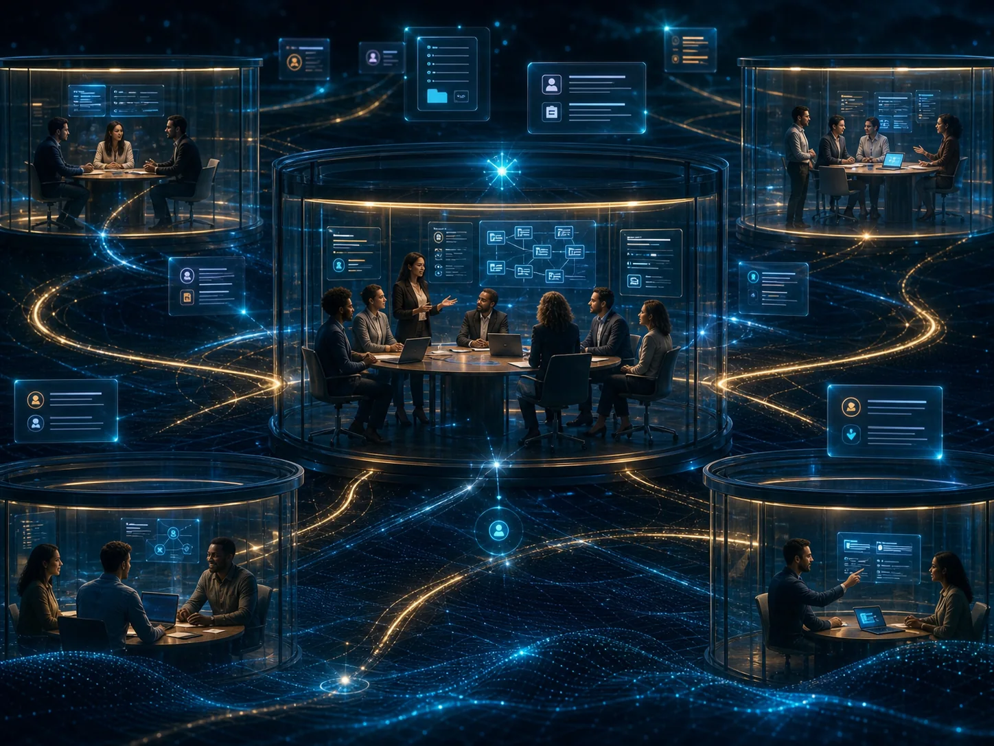 Editorial illustration of the sales community as a structured digital place